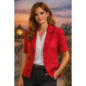 Stresa Women's Dress Jacket Red Button Up Short Sleeve Sz 14P Career Summer VTG